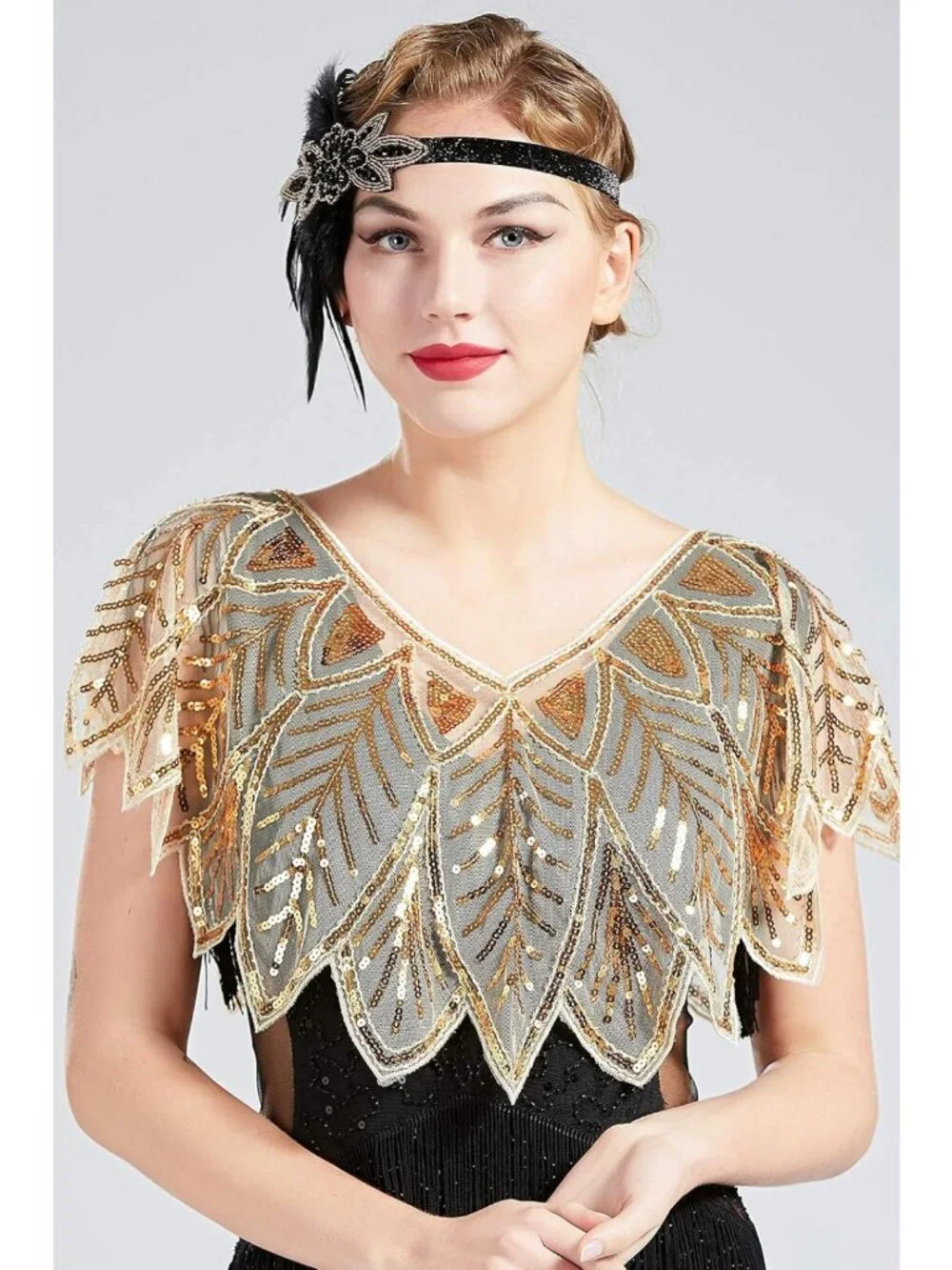 Glam 1920s Sequin Beaded Shawl Wrap Cover-Up for Bridal Evening Events